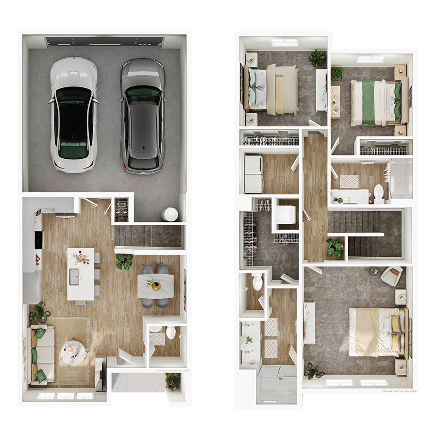 Rendering of the TH U3 floor plan with 3 bedroom[s] and 2.5 bathroom[s] at Charlie Assets