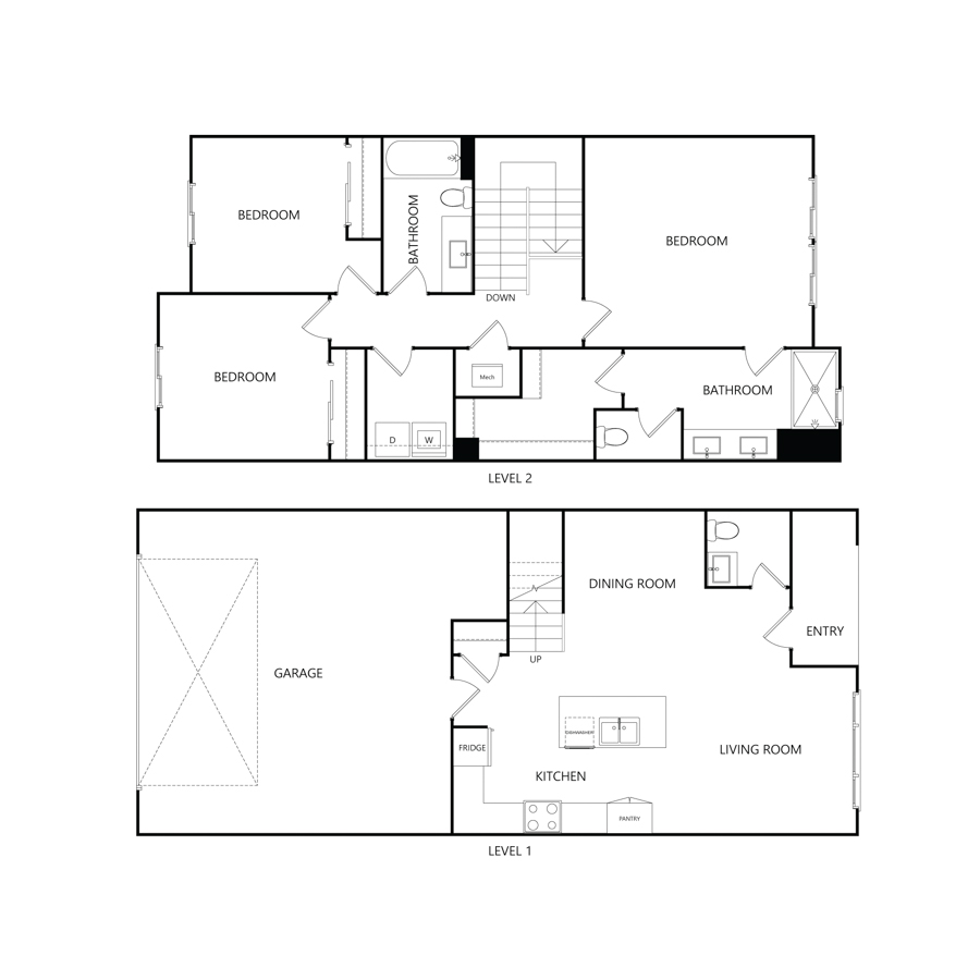 Rendering of the TH U3 floor plan with 3 bedroom[s] and 2.5 bathroom[s] at Charlie Assets
