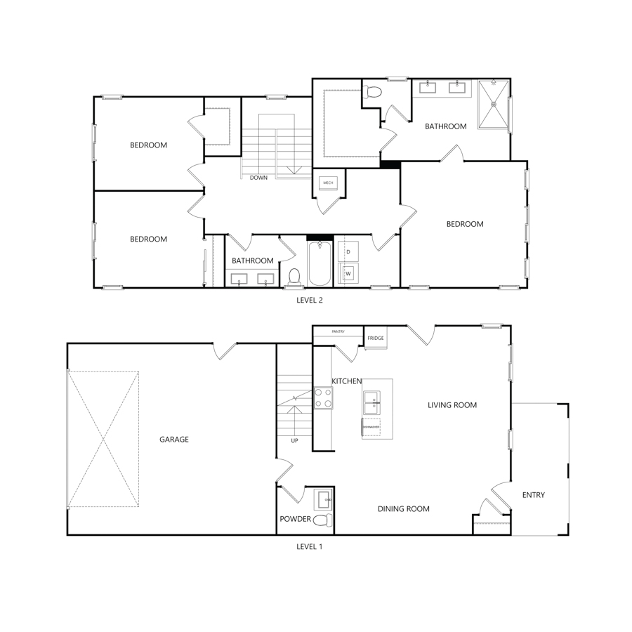 Rendering of the P2 floor plan with 3 bedroom[s] and 2.5 bathroom[s] at Charlie Assets
