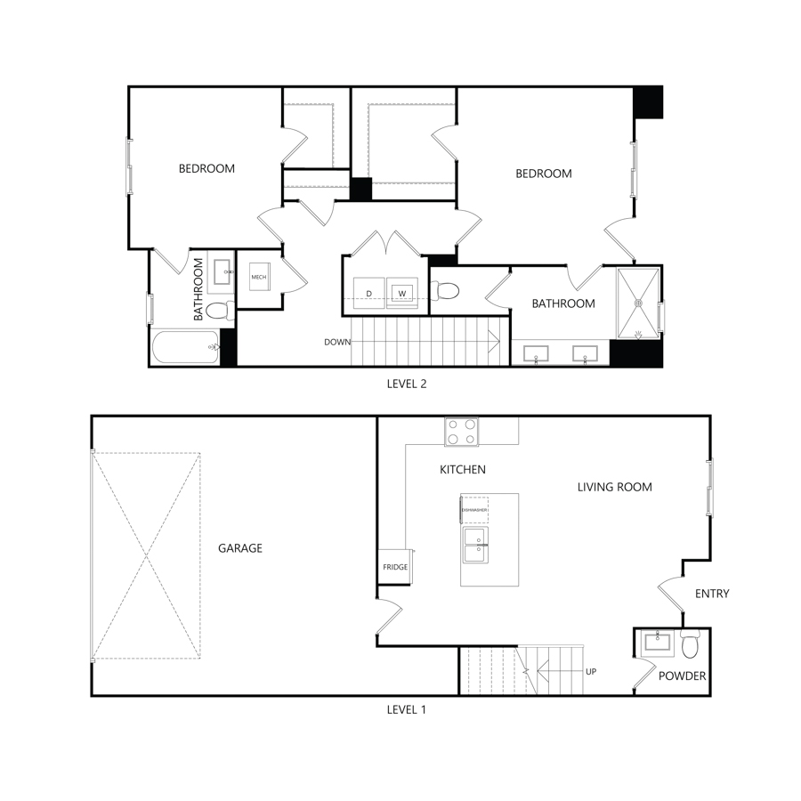 Rendering of the TH U1 floor plan with 2 bedroom[s] and 2.5 bathroom[s] at Charlie Assets