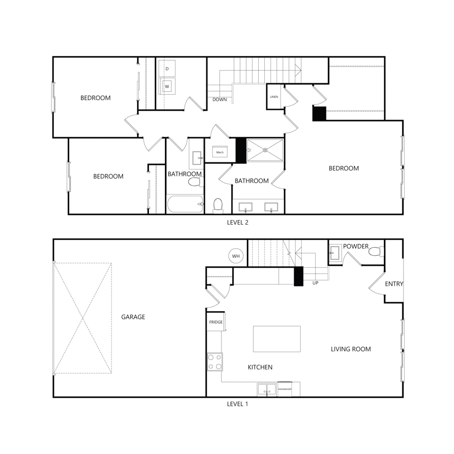 Rendering of the TH U4 floor plan with 3 bedroom[s] and 2.5 bathroom[s] at Charlie Assets