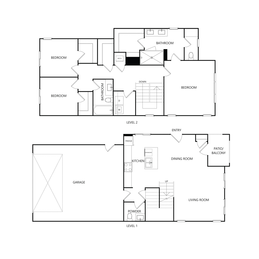Rendering of the P1 floor plan with 3 bedroom[s] and 2.5 bathroom[s] at Charlie Assets