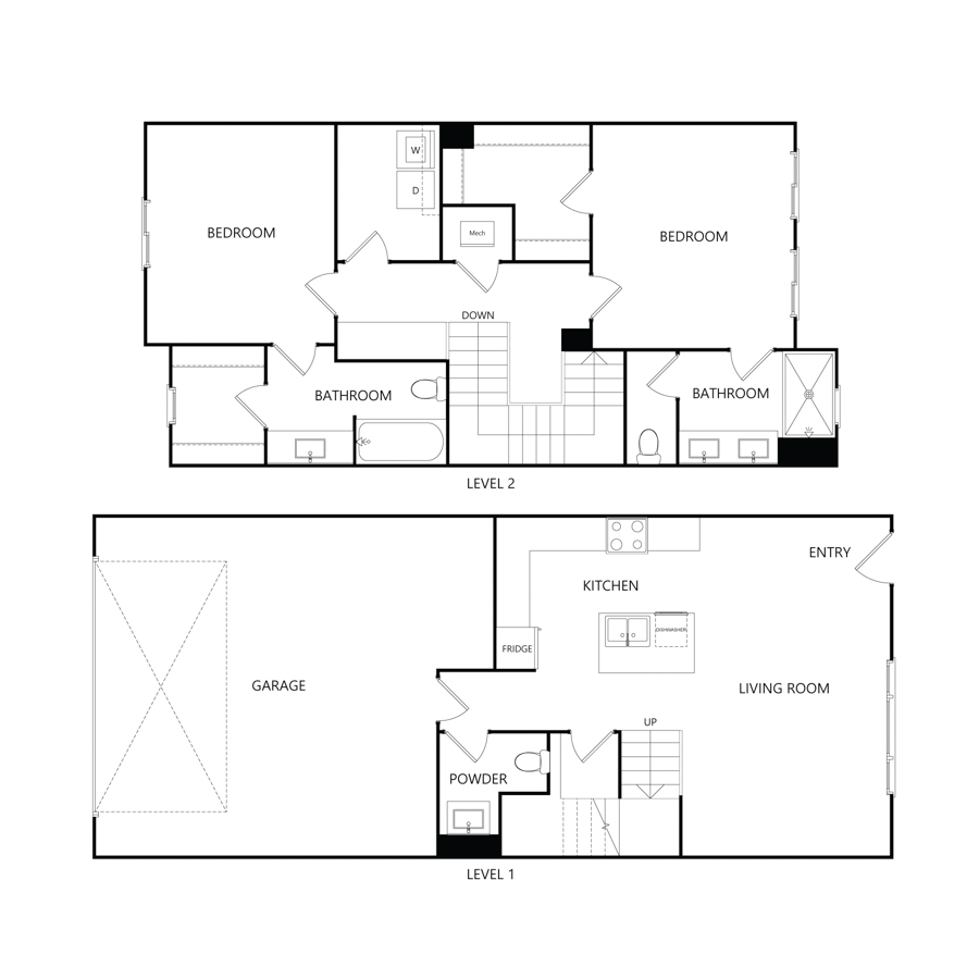 Rendering of the TH U2 floor plan with 2 bedroom[s] and 2.5 bathroom[s] at Charlie Assets